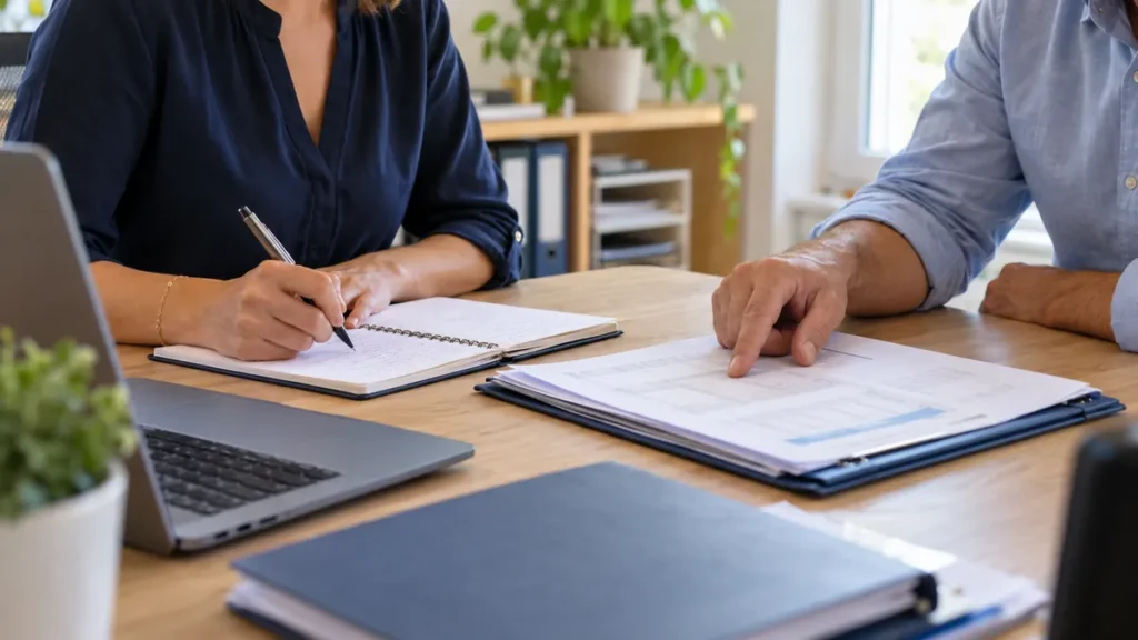 Échange autour de documents administratifs lors d’un premier rendez-vous de secrétariat externalisé.